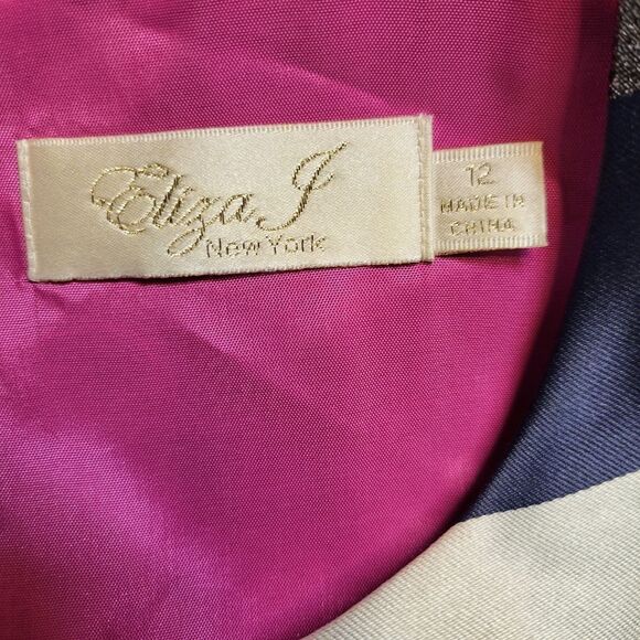 Eliza J Striped Crepe Fit & Flare Party Dress  Navy White Metallic Silver Pocket - Picture 11 of 13